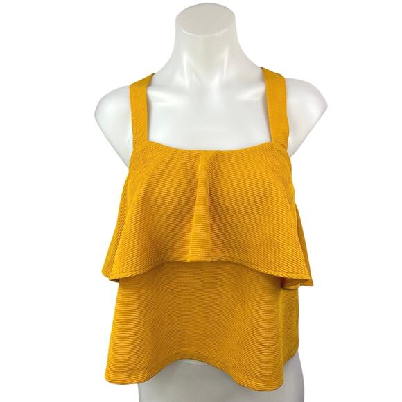 Madewell Yellow Sleeveless Ruffle Tiered Cross Back Square Neck Tank Top Size S - Picture 1 of 4